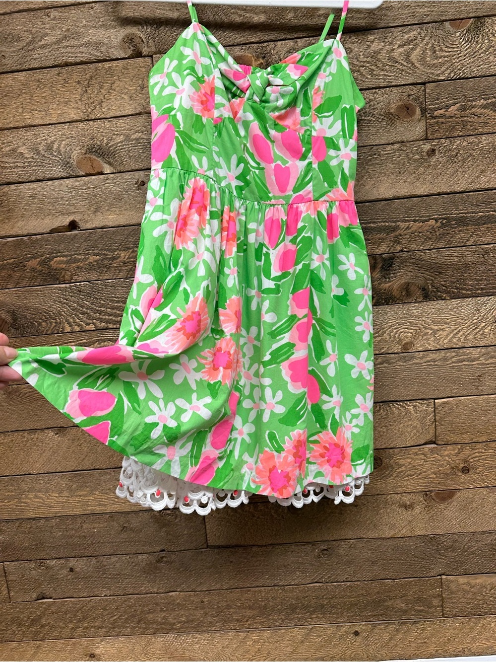 Lilly Pulitzer Floral Cutout Back Dress White Lace Trim Green Pink Sundress - Picture 4 of 9